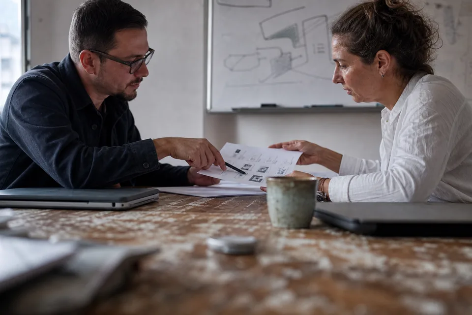 Two colleagues at a conference table weighing printed vendor comparison sheets for compliance platforms