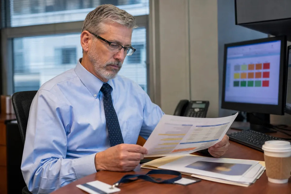 Federal IT risk manager reviewing a GRC software license renewal quote at an agency office