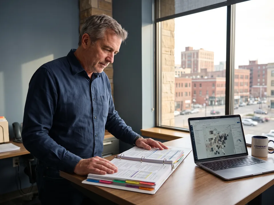 Insurance compliance manager comparing state insurance department bulletins beside a laptop