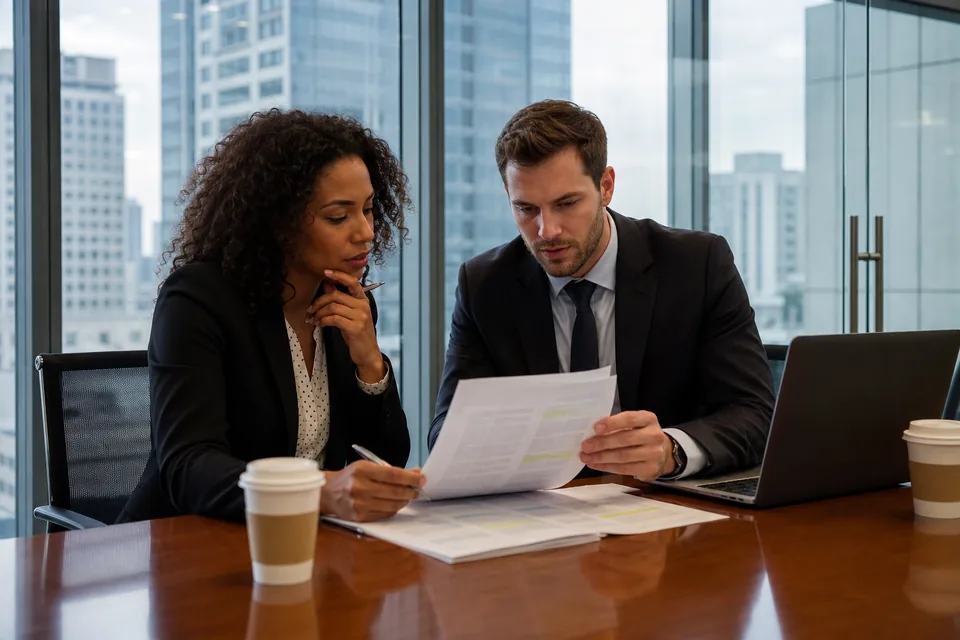 Two risk and procurement managers reviewing a GRC software order form in a bank conference room