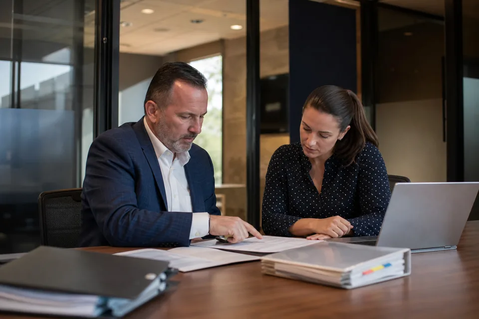 Two compliance officers at a credit union preparing policy documents for a fair lending exam