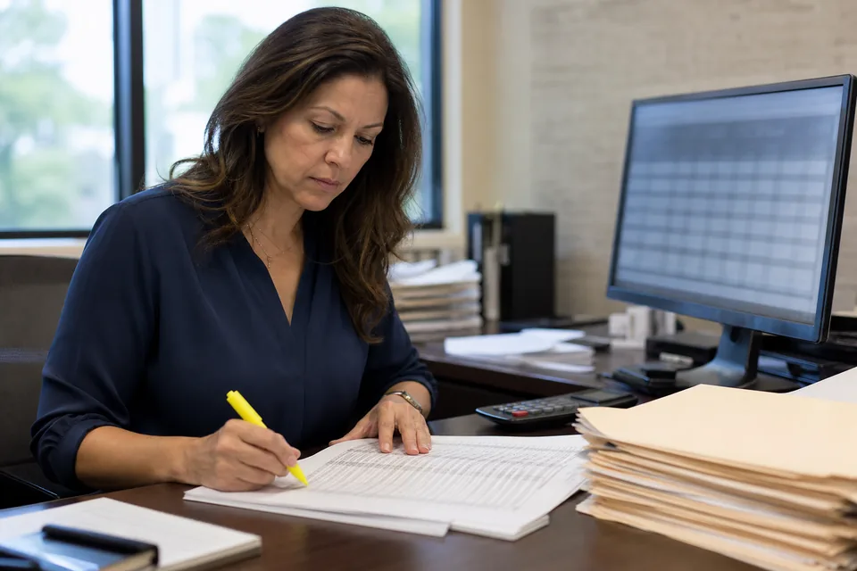 Mortgage compliance analyst reviewing a loan application register with a highlighter at a bank back office desk