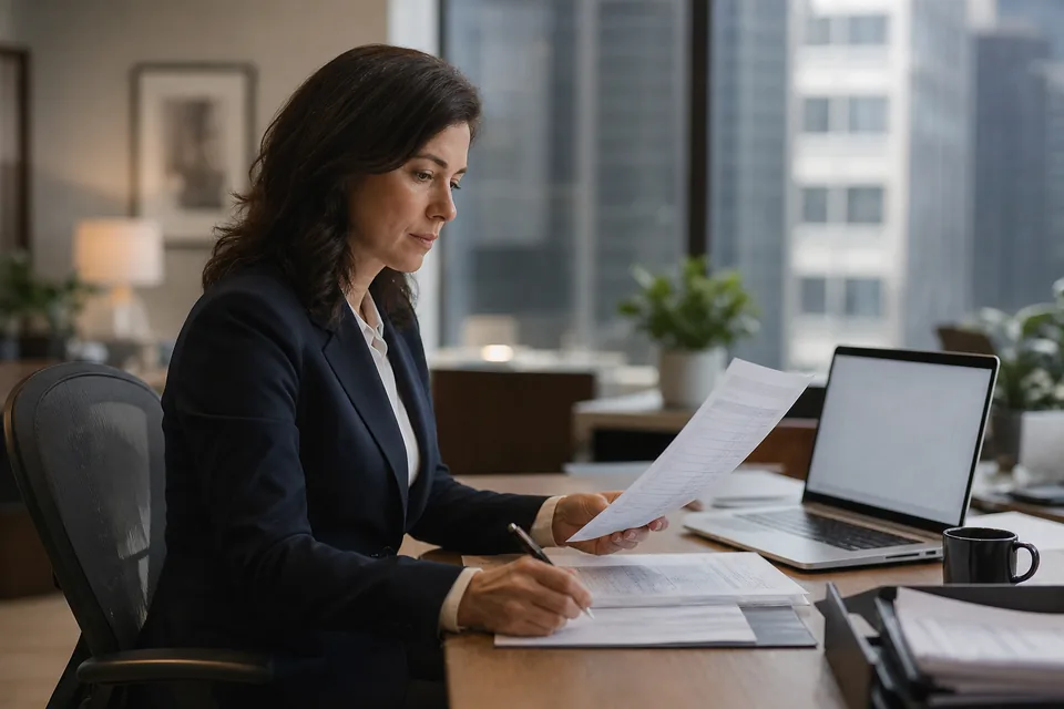 Compliance officer reviewing a quarterly personal securities transaction report at her desk