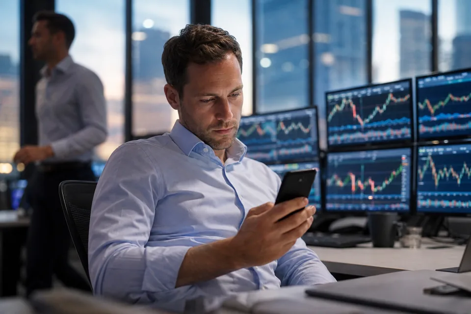 Portfolio manager at a trading desk submitting a pre-clearance request from his phone