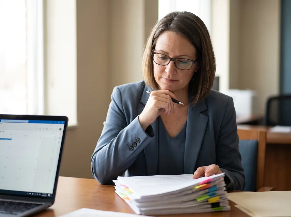 Compliance officer reviewing printed regulatory bulletins next to a laptop