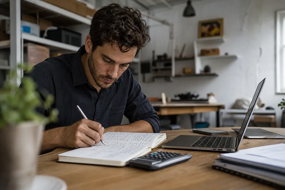 Founder at a startup desk reviewing a SOC 2 budget on a laptop next to a notebook
