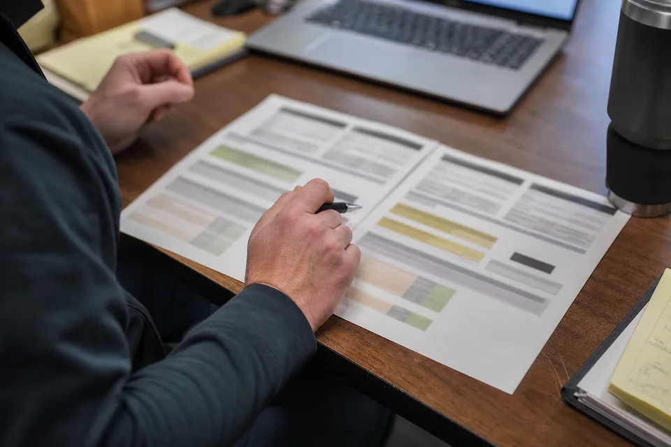 Compliance manager comparing two printed vendor quotes side by side with a pen on a wooden desk